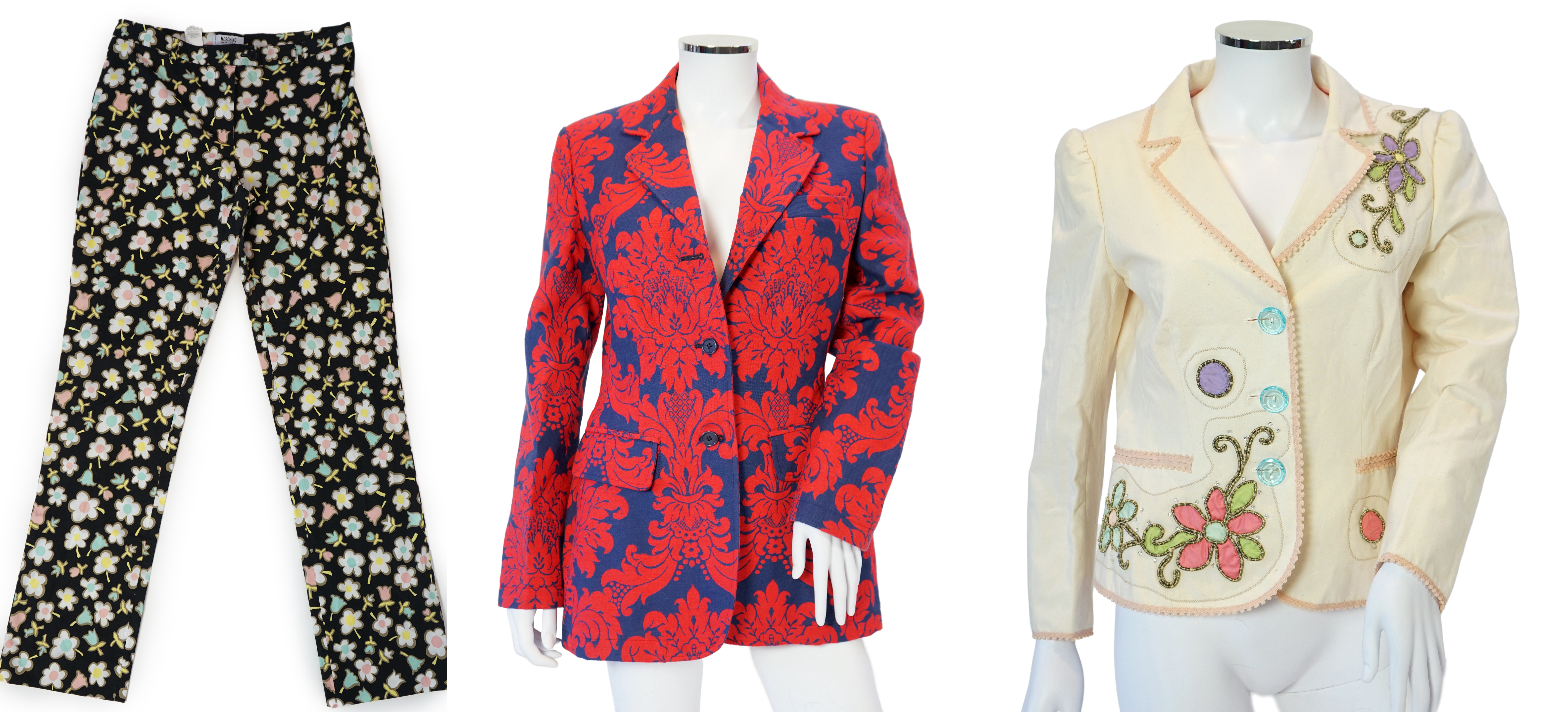 A Moschino lady's long blue and red jacket, a cream cotton embellished blazer and a cotton pair of floral trousers, blue and red jacket size 14, cream blazer size 12, trousers size: 10